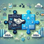 デジタルトランスフォーメーション(DX)とM&A(合併・買収)の融合を表現した、モダンで様式化されたイラスト。この画像は、2つのパズルのピースが組み合わさっている様子を示しており、1つはバイナリコード、クラウドシンボル、ネットワーク接続などのデジタル要素でDXを表し、もう1つは握手、建物、成長チャートのアイコンでM&Aを表しています。背景は青と緑のグラデーションで、成長とテクノロジーを象徴しています。全体的なスタイルは、すっきりとしていて、プロフェッショナルで、未来的で、ビジネス記事に適しています。