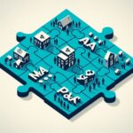 ジグソーパズルのピースが組み合わさる様子。ピースにはM&Aを表す企業のシルエットと、地域社会を表す家や人々のシルエットが描かれています。これは、小規模M&Aと地域社会の融和や一体感を表現します。