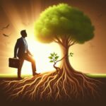 A tree with strong roots and a young sapling growing beside it, illustrating the concept of nurturing a successor for a smooth business transition.