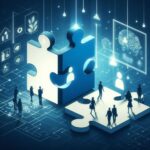 An abstract image of puzzle pieces coming together, forming a small company and a larger company, with icons representing digital transformation and remote work, vector art