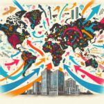 「世界地図とM&Aを表す矢印、オフィスビルのイラスト」 世界地図を背景に、主要都市や国家間を結ぶカラフルな矢印を配置し、M&Aのグローバルな広がりを表現。矢印の先にはオフィスビルのイラストを描き、企業間の合併・買収をイメージさせます。ポストコロナ時代の世界的なM&A市場の回復と活性化を示唆するデザインです。
