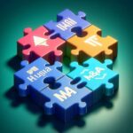 「パズルのピースが組み合わさる様子を描いた画像。各ピースにはテック企業のロゴが入っており、完成したパズルは『M&A』の文字になっている」