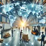 物流ハブで荷物を扱う労働者と、背景に表示されたデジタルマップの物流ネットワーク。合併・買収を通じたサプライチェーン企業の統合を象徴しています。