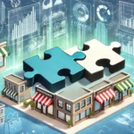 リテール業界の統合と革新を表現したイラスト。従来の店舗とeコマースを象徴するパズルピースが融合し、未来的な都市景観とショッピングデータの表示を背景に、成長とテクノロジーを青と緑の色調で表現しています。
