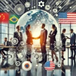異なる企業文化を統合し、成功を収めたチームを描いたビジネスシーン。多様なビジネスパーソンが調和して働いており、文化的な統合を象徴するシンボルや旗がシームレスに融合している。背景には、プロフェッショナリズムと協力を象徴するモダンなオフィス環境が描かれている。