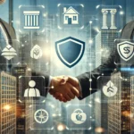企業のロゴが並んでいる様子、または2つの企業が握手をしているイメージ。背景には企業ビルやビジネス街が描かれ、ブランド価値の評価と保護を象徴する光が当たっている。