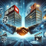 エンターテインメント業界のM&A（合併と買収）を象徴するダイナミックなイラスト。大手企業を象徴する建物が映画リールやストリーミングアイコンをロゴとして表示し、統合を示しています。背景にはフィルムストリップ、ストリーミングデバイス、デジタルエフェクトがあり、マルチメディアの側面を強調しています。前景には合意とパートナーシップを象徴する握手する幹部が描かれています。全体のトーンはプロフェッショナルで未来志向です