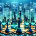 規制環境の変化とM&A戦略を表現したチェス盤のイラスト。ビルや企業ロゴの形をしたチェスの駒、規制テキストやチャートを表示する浮遊するホログラフィック画面、未来的な都市の背景。M&A市場の複雑さと戦略的思考を視覚化。