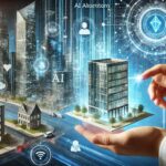A futuristic business scene with holographic screens displaying financial data, AI algorithms, and blockchain networks. In the foreground, a businessman's hand interacts with a floating 3D model of a corporate building surrounded by digital information flows. The background shows a cityscape transitioning from traditional skyscrapers to modern, data-driven architecture. Use a blue and white color scheme with accents of gold to represent innovation and value. Highly detailed, digital art style.